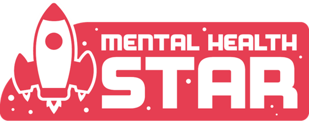 mental health star on banner with red background and rocket
